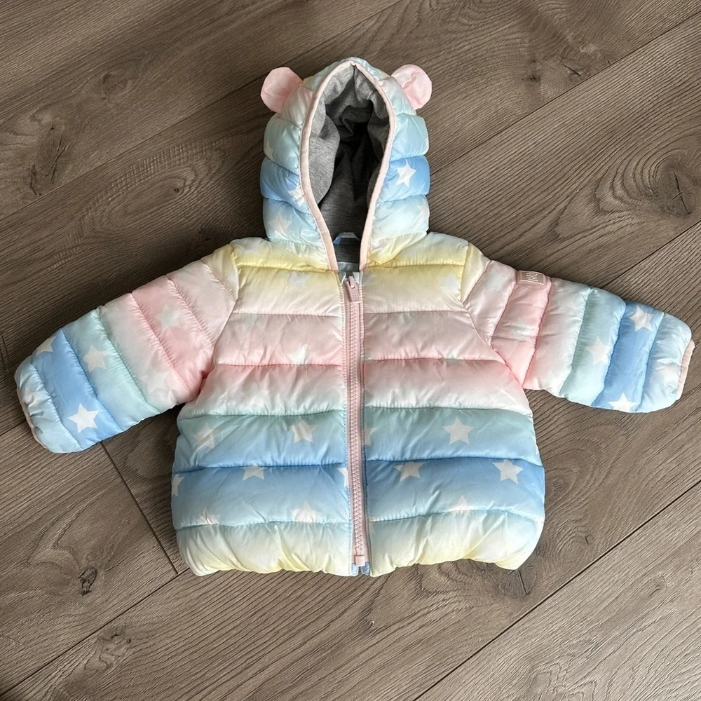 GAP BABY Puffer Jacket WORN ONCE Girls Pink Ombre Bear Hood size 6-12M